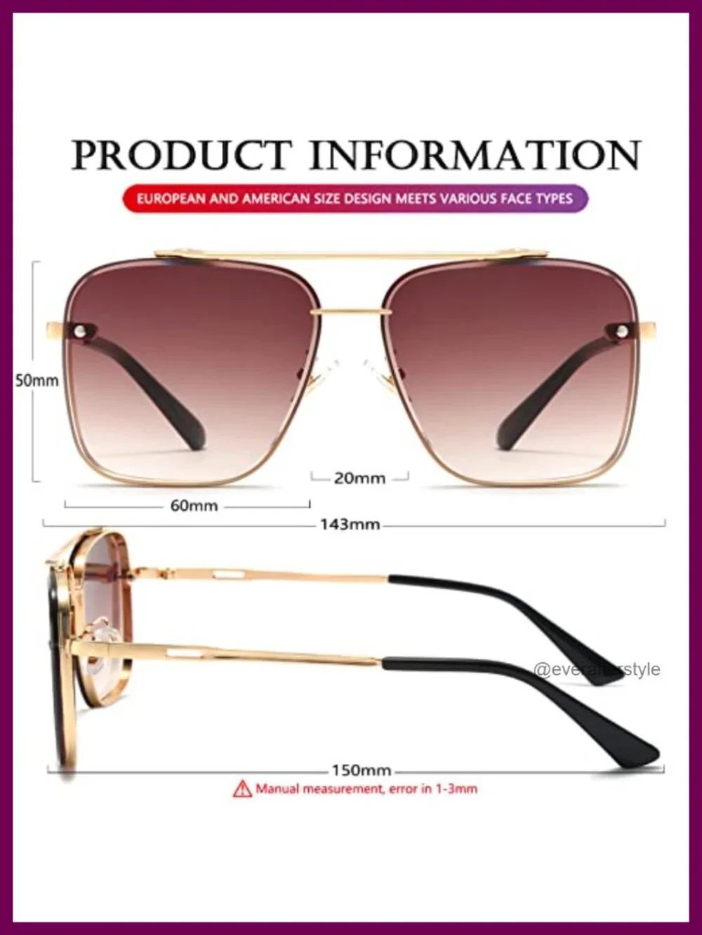 Oversized Square Sunglasses Metal Frame Aviator Gradient Shades